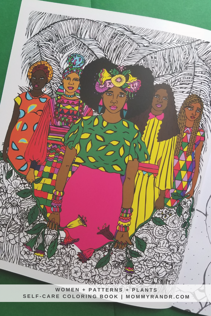 self-care coloring book women+patterns+plants mommyrandr
